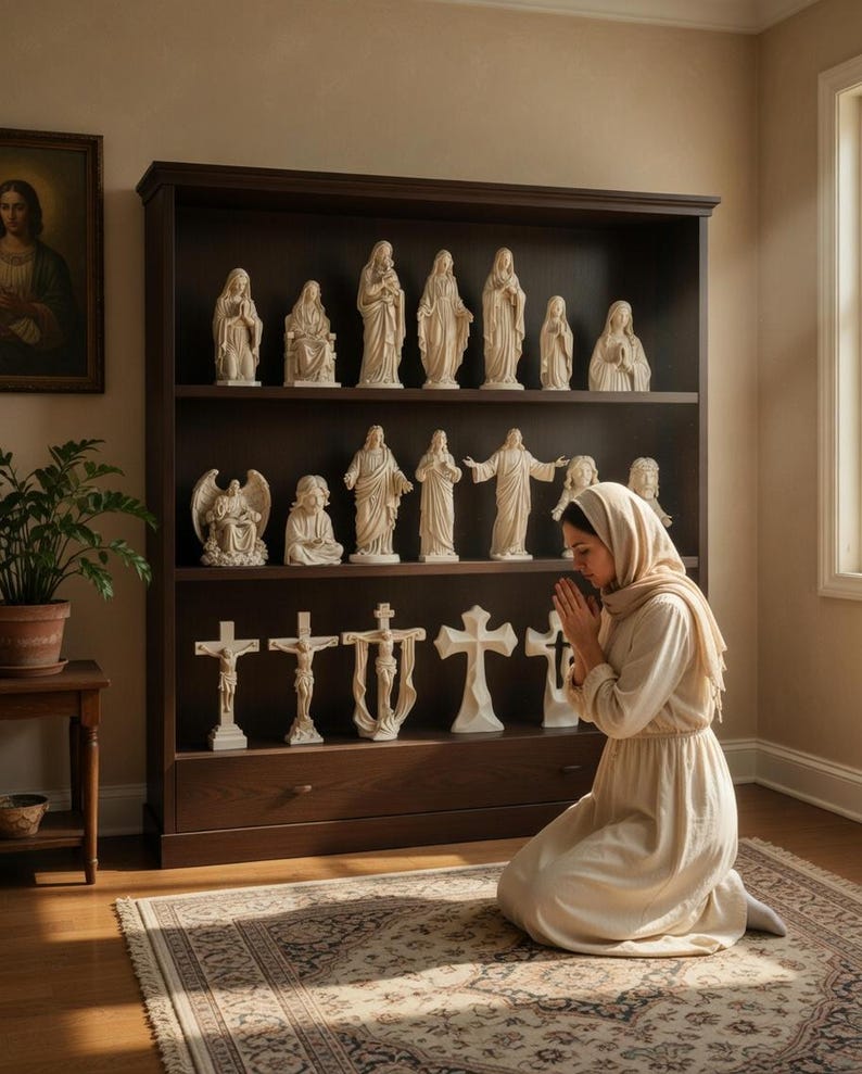 May include: A dark wooden bookshelf displays religious statues and crosses. The statues depict figures in flowing robes, while the crosses vary in design. A person kneels in prayer on a patterned rug in front of the shelf.