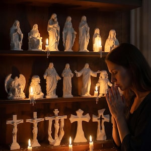 May include: A display of white religious statues and crosses on wooden shelves. The scene is lit by candles, which cast a warm glow on the figures. A person is praying in front of the display.