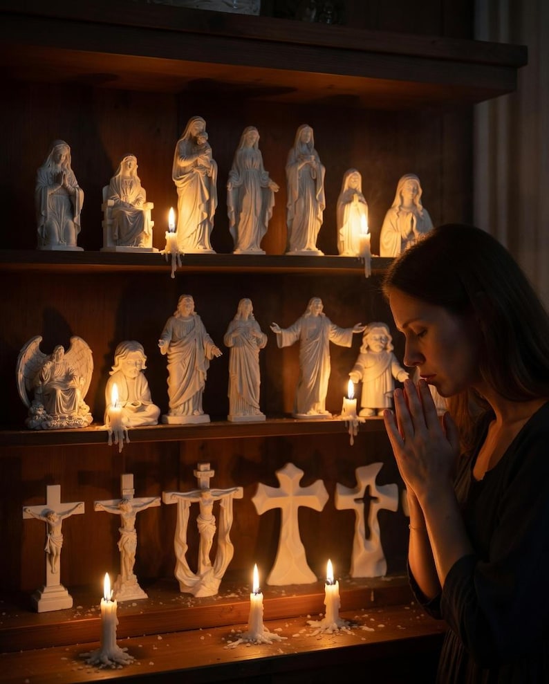 May include: A display of white religious statues and crosses on wooden shelves. The scene is lit by candles, which cast a warm glow on the figures. A person is praying in front of the display.