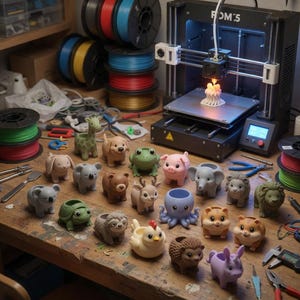 May include: A selection of animal-shaped planters, such as a giraffe, dog, frog, pig, and elephant, displayed on a wooden workbench. A 3D printer is visible in the background, along with spools of filament. The planters are in various colours and sizes.