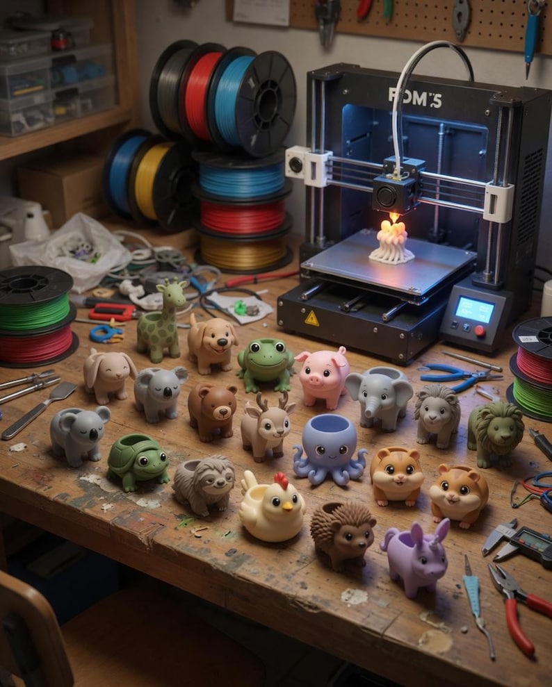 May include: A selection of animal-shaped planters, such as a giraffe, dog, frog, pig, and elephant, displayed on a wooden workbench. A 3D printer is visible in the background, along with spools of filament. The planters are in various colours and sizes.