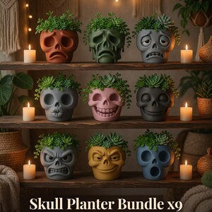 May include: A collection of nine skull-shaped planters with various facial expressions, each holding a succulent plant. The planters are in shades of orange, green, gray, pink, yellow, and blue. The text reads "Skull Planter Bundle x9 Funny Faces Collection."