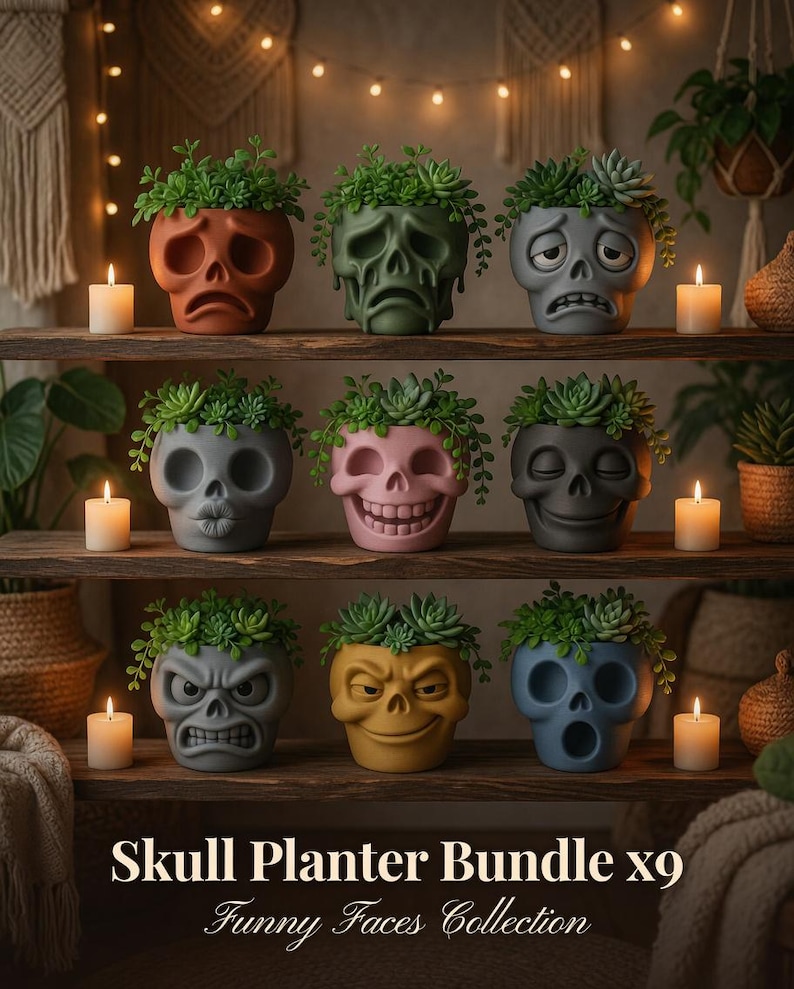 May include: A collection of nine skull-shaped planters with various facial expressions, each holding a succulent plant. The planters are in shades of orange, green, gray, pink, yellow, and blue. The text reads "Skull Planter Bundle x9 Funny Faces Collection."