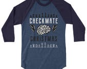 Chess Christmas Shirt, Checkmate Christmas 3 4 sleeve raglan shirt, Brain and Lightning Bolts Chess Player Shirt, 3 4 sleeve shirt