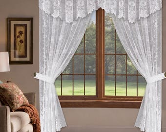 Pannelli per tende da finestra in pizzo floreale bianco shabby chic con mantovane separate