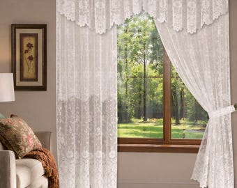 Pannelli per tende da finestra in pizzo floreale shabby chic color crema e avorio con mantovane separate