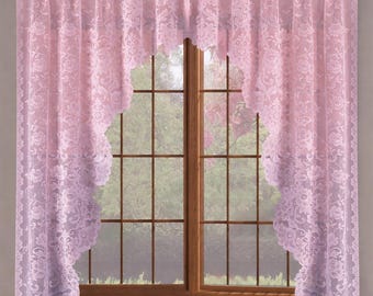 Tenda a cascata in pizzo floreale shabby chic rosa malva polveroso, set di drappi, tende trasparenti vintage