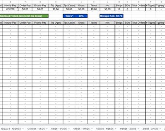 Puede incluir: Hoja de cálculo con datos de resumen semanal, incluyendo rangos de fechas, horas trabajadas, pago por hora e impuestos. Presenta un banner verde con texto y una tarifa de kilometraje de 0,70 €.