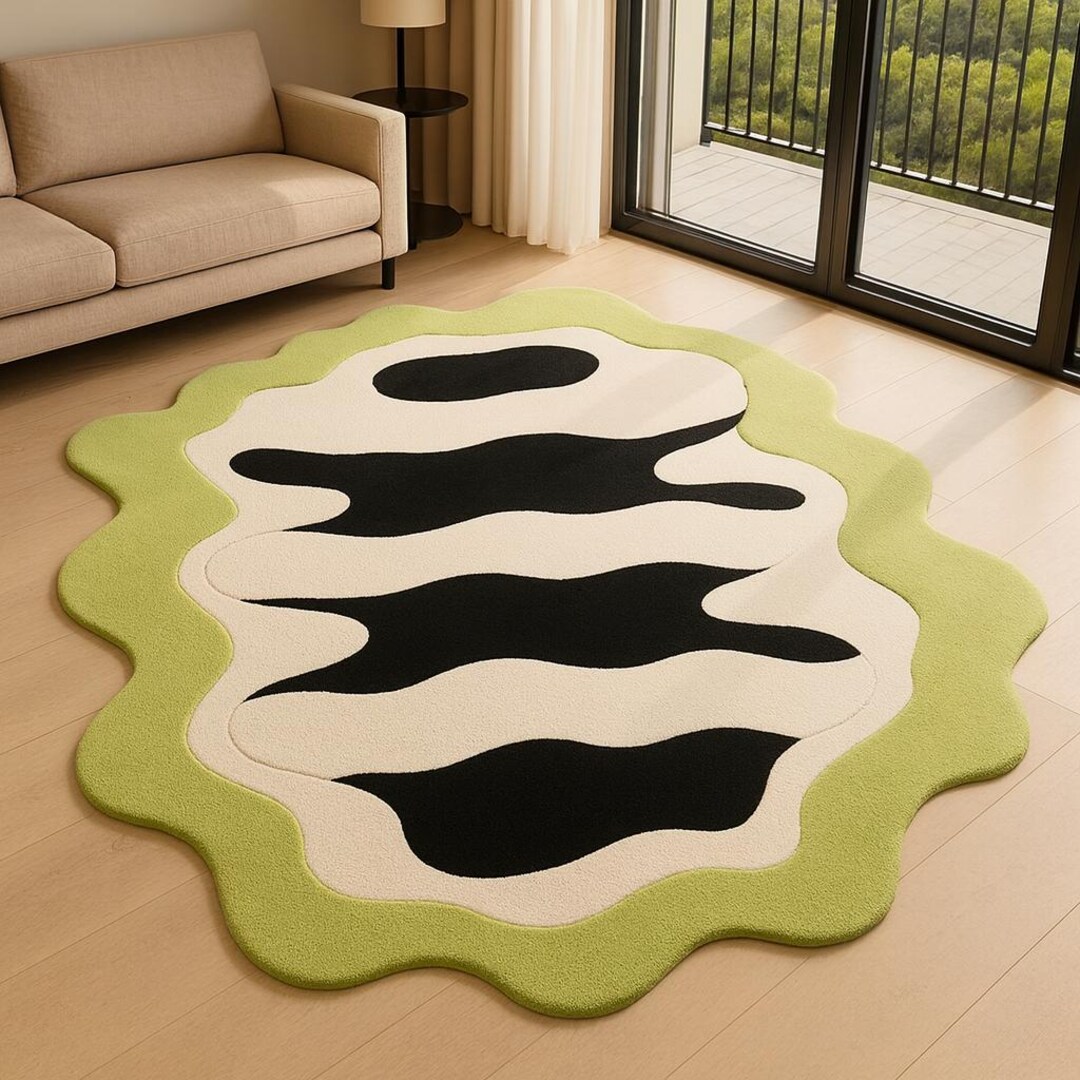 Modern Irregular Wavy Edge Carpet in Black, Beige & Green – Hand Tufted ...