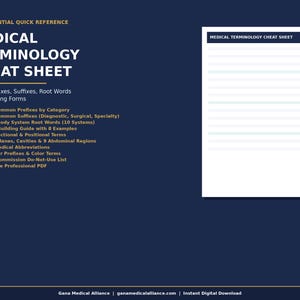 May include: A digital document in dark blue, titled "Medical Terminology Cheat Sheet." It lists medical terminology topics, including prefixes, suffixes, root words, and abbreviations. A second document is also visible, titled "Medical Terminology Cheat Sheet."