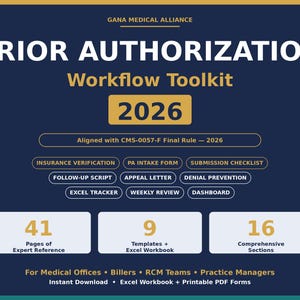 May include: A navy blue graphic with white text promoting a Prior Authorisation Workflow Toolkit for 2026. The toolkit includes 41 pages of expert reference, 9 templates, and 16 comprehensive sections. It is designed for medical offices and includes Excel workbooks and PDF forms.