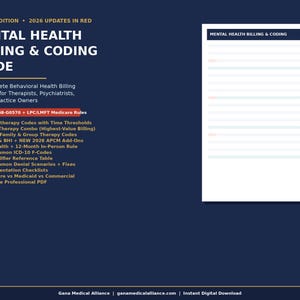 May include: A navy blue guide titled "Mental Health Billing & Coding Guide" with red and white text. The guide includes a list of codes and rules for therapists and billers. A white document with the title "Mental Health Billing & Coding" is on the right.