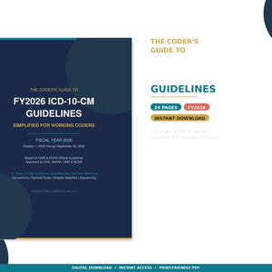 Könnte beinhalten: Ein digitaler Leitfaden mit dem Titel "The Coder's Guide to FY2026 ICD-10-CM Guidelines". Das Cover ist marineblau mit weißem Text. Der Leitfaden ist für Arbeitskräfte vereinfacht und umfasst 24 Seiten. Sofortiger Download.