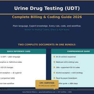 Può includere: Una guida blu navy intitolata "Urine Drug Testing (UDT)" con il testo "Complete Billing & Coding Guide 2026". La guida include una scheda di riferimento rapida e una guida completa, con elenchi puntati che dettagliano il contenuto.