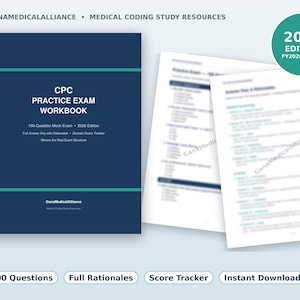 Könnte beinhalten: Ein dunkelblaues CPC-Übungsheft mit türkisfarbenen horizontalen Streifen, das den Text 100-Question Mock Exam - 2026 Edition, Full Answer Key with Rationales und Domain Score Tracker enthält. Beinhaltet ein Abzeichen 2026 Edition FY2026 Codes.
