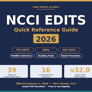 Può includere: Una guida di riferimento rapida blu navy e oro intitolata "NCCI EDITS 2026". La guida include informazioni su PTP Edits, MUE e AOC Edits. Presenta inoltre dettagli su Indicatori di modifica, Regole di raggruppamento e Prevenzione del rifiuto. La guida ha 39 pagine di riferimento di esperti e 16 sezioni complete.