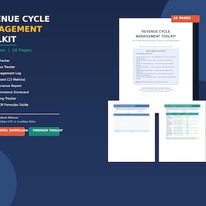 May include: A digital toolkit titled "Revenue Cycle Management Toolkit" with a dark blue background. The toolkit includes a list of features, such as AR Aging Tracker and KPI Dashboard. The text "Instant Digital Download" and "Premium Toolkit" are also visible.