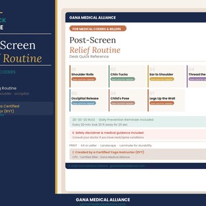 Könnte beinhalten: Eine Schreibtischreferenz mit dem Titel "Post-Screen Relief Routine" für medizinische Coder und Abrechner. Der Leitfaden enthält eine 7-stufige Abendroutine, die Nacken, Schultern und Hinterkopf anspricht. Das Dokument wurde von einem zertifizierten Yogalehrer erstellt.