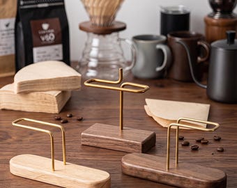 Coffee Filter Holder, Walnut or Oak Wood, Wall Mount or Countertop V60 Filter Rack, Brass Pour Over Coffee Bar Organizer