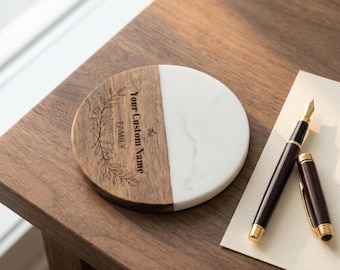Posavasos personalizado de mármol y madera, posavasos de acacia grabado a medida, regalo de lujo para bodas o inauguración de casa para ella.