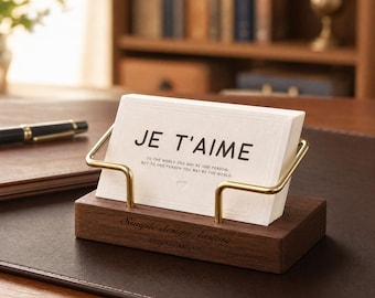 Tarjetero de escritorio, expositor de tarjetas de madera de nogal y latón, accesorio minimalista para escritorio de oficina, organizador de mostrador de recepción.