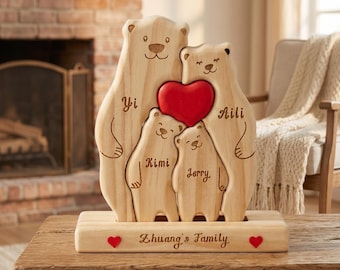 Rompecabezas familiar de madera personalizado con osos abrazándose, decoración de corazón de madera de haya con nombre personalizado, regalo del Día de la Madre, recuerdo para papá, mamá e hijos.