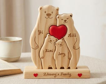 Rompecabezas familiar de osos abrazándose de madera personalizado, figura de corazón de madera de haya con nombre personalizado, regalo de aniversario, decoración del Día de la Madre