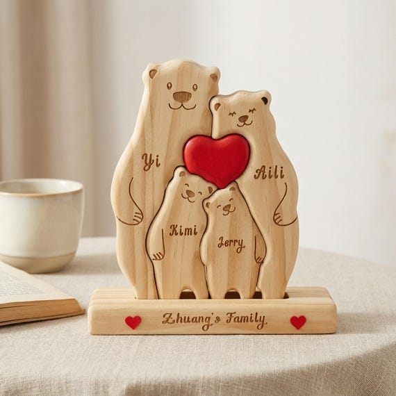 Interlocking beechwood bear figurines — each bear represents a family member and they literally hug together into a heart shape.