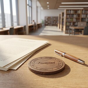 Peut inclure: Un dessous de verre en bois avec le mot "Accepted" gravé au centre, entouré des mots "Science", "Nature" et "Cell". Un stylo en bois et une pile de papiers sont également sur la table en bois. La scène se déroule dans une bibliothèque.