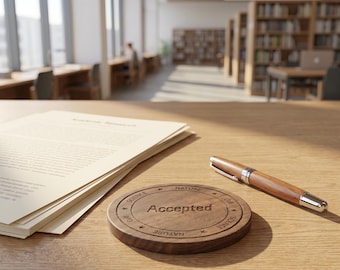 Posavasos de madera con la inscripción "Artículo aceptado", regalo para investigadores, regalo de graduación de doctorado, decoración de escritorio para revistas científicas, posavasos de nogal para científicos.