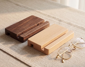 Soporte de madera personalizado para teléfono, soporte de escritorio con doble ranura para teléfono y tableta, de nogal o haya maciza, accesorio de escritorio para trabajar desde casa.