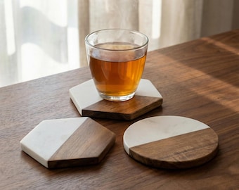 Posavasos de mármol y madera de acacia, posavasos de lujo, decoración moderna de estilo rústico, regalo personalizado para el hogar grabado