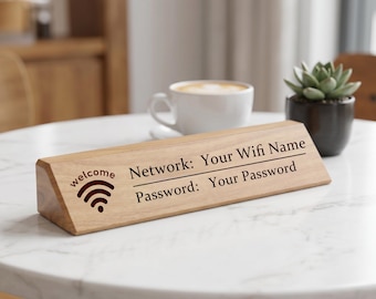 Letrero de madera personalizado con contraseña WiFi, letrero de mesa WiFi grabado en nogal o haya para cafetería, oficina o recepción de hotel.