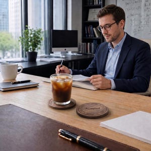 Peut inclure: Deux dessous de verre en bois brun foncé, l'un gravé du mot "Accepted". Ils sont posés sur un bureau brun clair, avec un verre de café glacé sur l'un d'eux. Une personne en costume travaille au bureau.