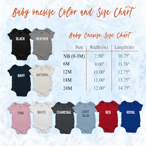 Peut inclure: Un tableau des couleurs et tailles pour les barboteuses pour b&eacute;b&eacute;s. Le tableau pr&eacute;sente des barboteuses noires, grises chin&eacute;, bleu marine, naturelles, roses, blanches, charbon, bleu clair, rouges et bleu roi. Le tableau des tailles affiche les mesures en cm.