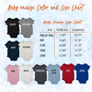 Pu&ograve; includere: Una tabella colori e taglie per body da neonato. La tabella mostra body in vari colori, tra cui nero, grigio, blu navy, naturale, rosa, bianco, antracite, azzurro, rosso e blu reale. La tabella delle taglie mostra le misure in pollici.