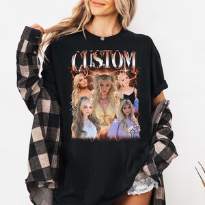 Puede incluir: Camiseta negra de manga larga con un dise&ntilde;o gr&aacute;fico con la palabra "CUSTOM" en un estilo vintage, con im&aacute;genes de una mujer rubia. El dise&ntilde;o tiene una est&eacute;tica retro con acentos de rayos.
