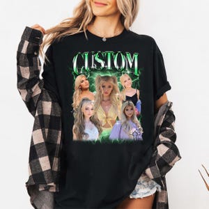 Puede incluir: Camiseta negra de manga larga con un dise&ntilde;o gr&aacute;fico verde y blanco. El dise&ntilde;o incluye la palabra "CUSTOM" y las im&aacute;genes de varias mujeres. La camiseta est&aacute; hecha de un material suave.