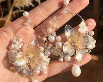 Handgemaakte bloemenharspareloorbellen, statement oorbellen champagne boho, 925 zilveren post, vintage bruidssieraden