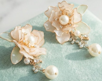 Handmade Pink Green Resin Flower Drop Earrings, Pearl Crystal Floral Dangle Earrings, 925 Silver Bridal Jewelry Gift