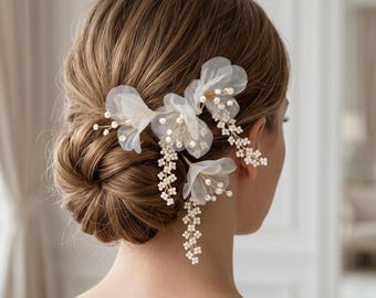 Franse parel tule bloem haarspelden set van 2, bruids haaraccessoires, handgemaakt bruiloft haarstukje, zijspelden bruidsmeisje, vintage galahaar