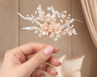 Handgemaakte parel kristallen bloem haarspeld, champagnehars bruids haarstukje, bruiloft opgestoken haaraccessoire voor bruid bruidsmeisje bal
