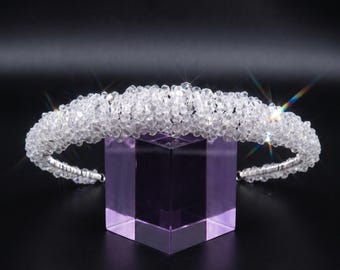 Luxury Crystal Beaded Headband Wide Beige Bridal Statement Hair Accessory for Wedding Party Formal Event