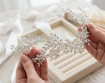 Luxus Handgefertigtes Braut Stirnband Silber Blatt Strass Hochzeit Haarranke, Marquise Crystal Prom Kopfschmuck für Braut