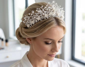 Handgemaakte parelkristal bruidskroon, zilveren bruiloft zendspoel, vintage bruidtiara, haaraccessoire galabal
