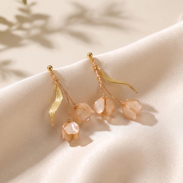 Pink Lily of the Valley Earrings, Resin Flower Drop Earrings, French Vintage Bridal Jewelry, Gift for Her