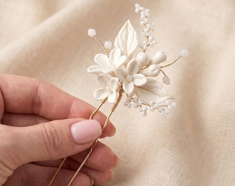 Handgemaakte polymeerklei bruids haaraccessoireset, ivoor gouden bloem haarclip en U-pin, kristallen bruiloft hoofddeksel voor boho bruid