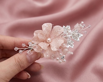 Pink Floral Pearl Crystal Bridal Hair Clip, Handmade Wedding Side Comb, Satin Flower Bridesmaid Prom Hair Accessory