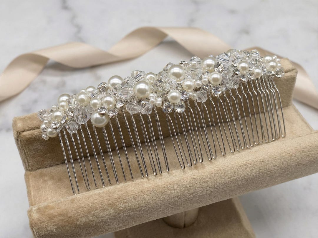 Handmade Pearl Crystal Bridal Hair Comb, Beige Wedding Side Comb for ...