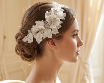 Luxe bruids kanten hoofdband met strassteentjes, 3D bloemen bruiloft haarstukje, boho ivoor zendspoel voor bruid bruidsmeisje bal